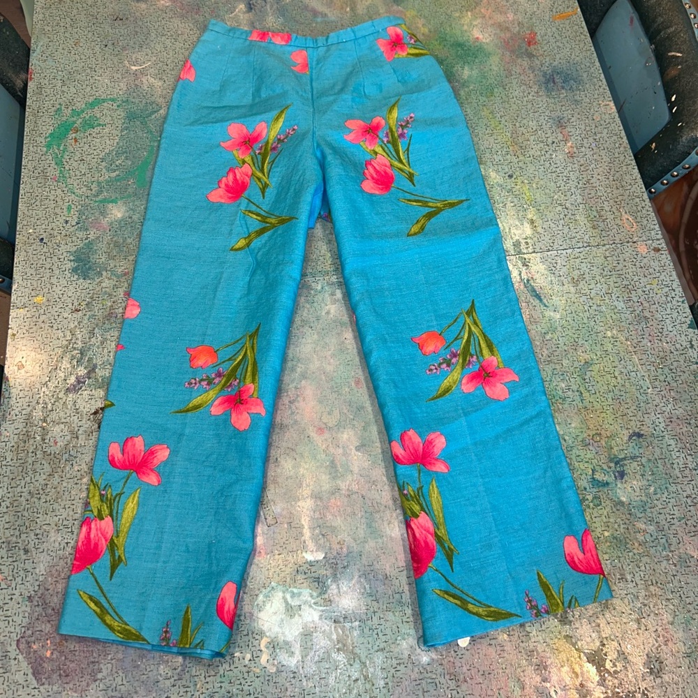 Y2K BLUE Linen Floral Pants